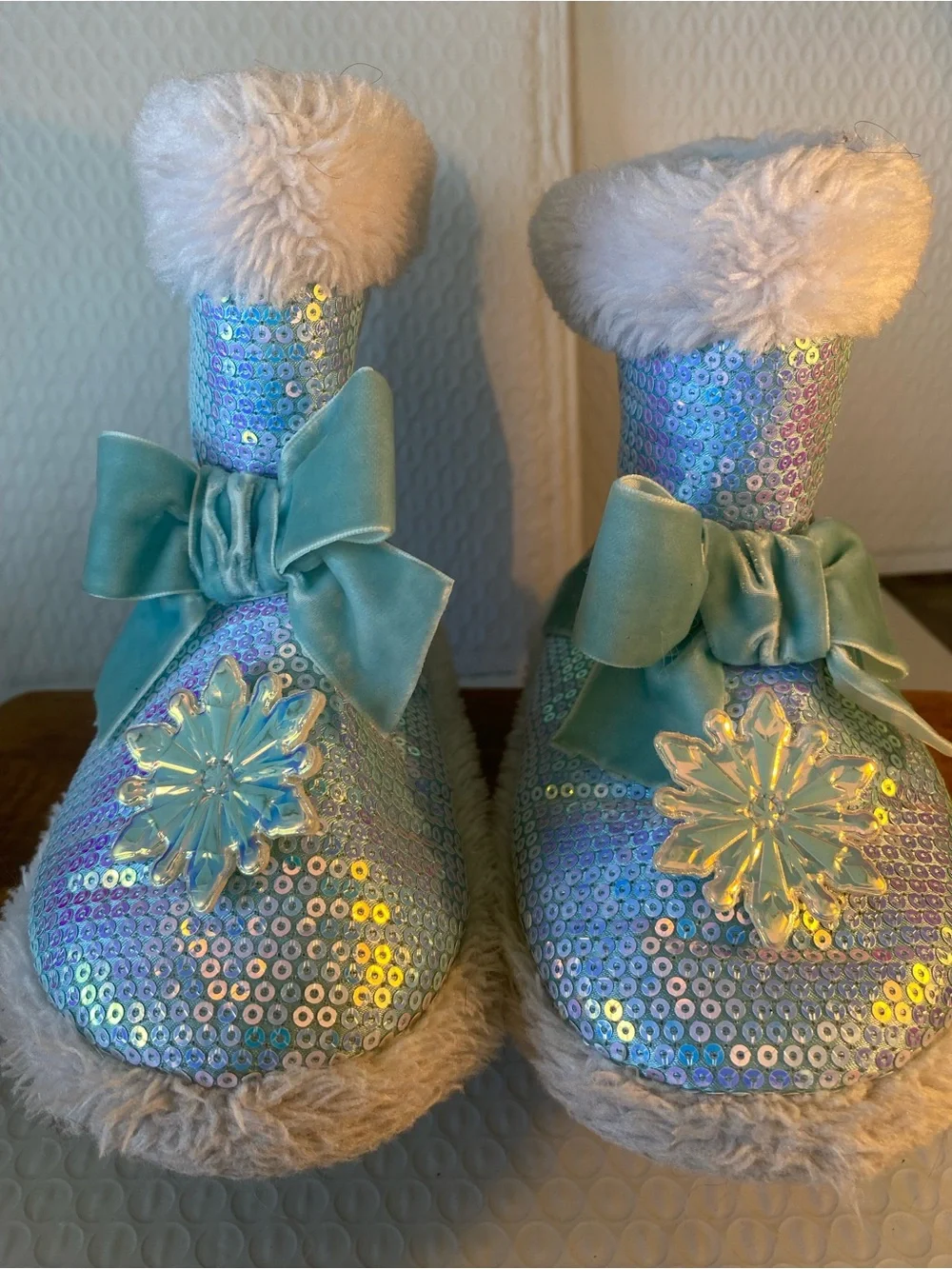 Disney Sequin Light Blue Kids Slipper Boots with Bow and Snowflake